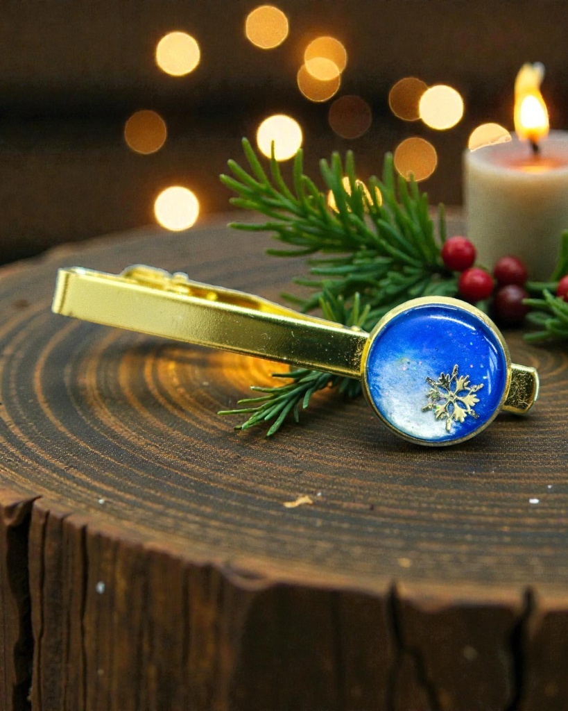 雪のネクタイピン　ブルー×ホワイトメタル　選べる金具の色