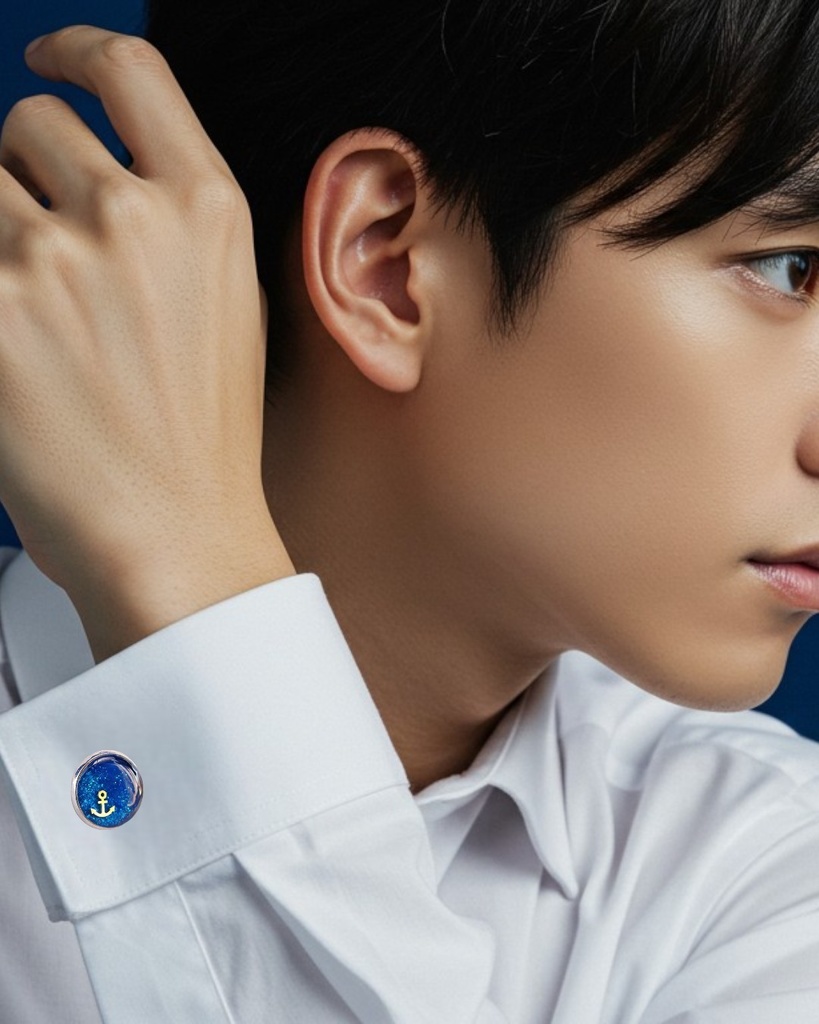 波のきらめきを宿す、夏のカフスボタン シアンブルー シルバー金具