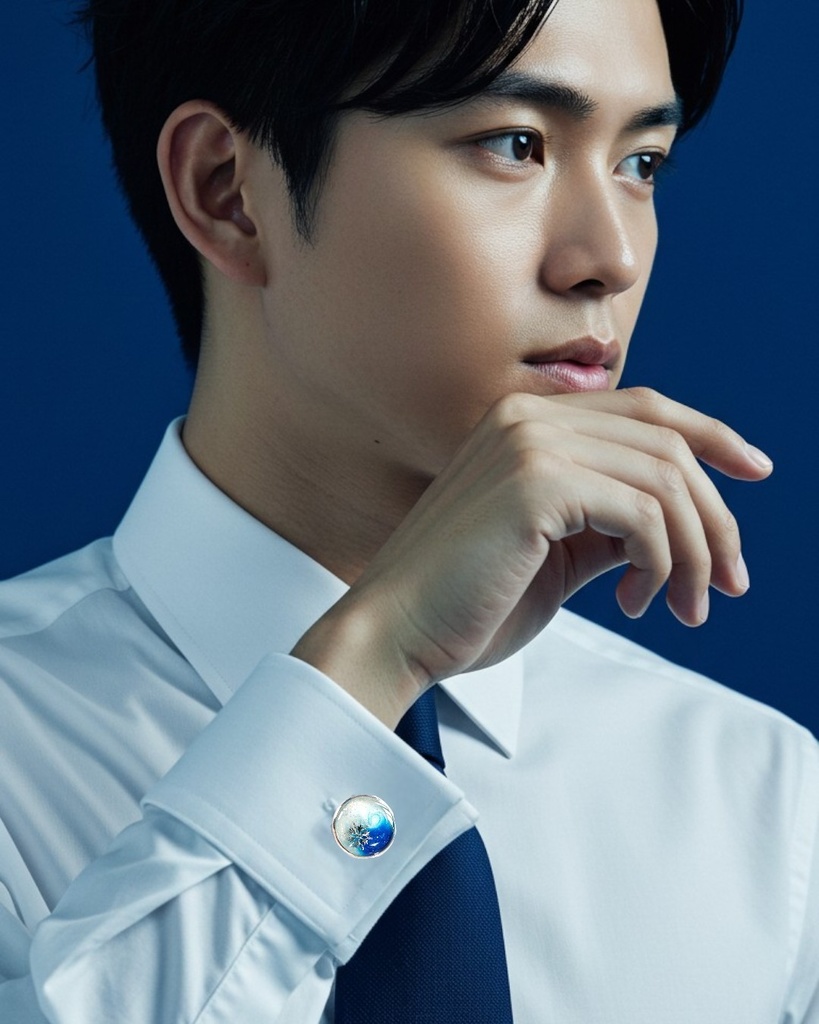 雪のカフスボタン ホワイト×オーシャンブルー シルバー金具