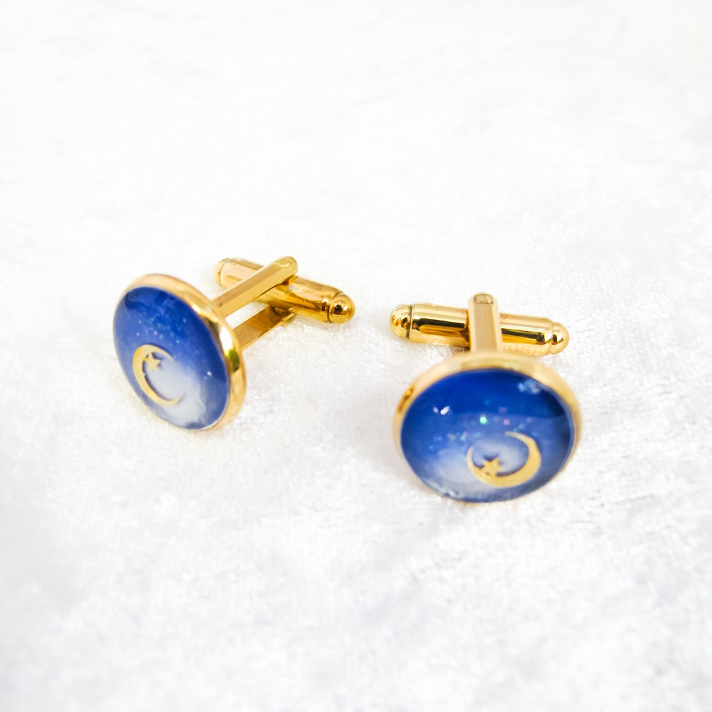 白昼夢のカフスボタン ブルー×ホワイトメタル 金具の色が選べます