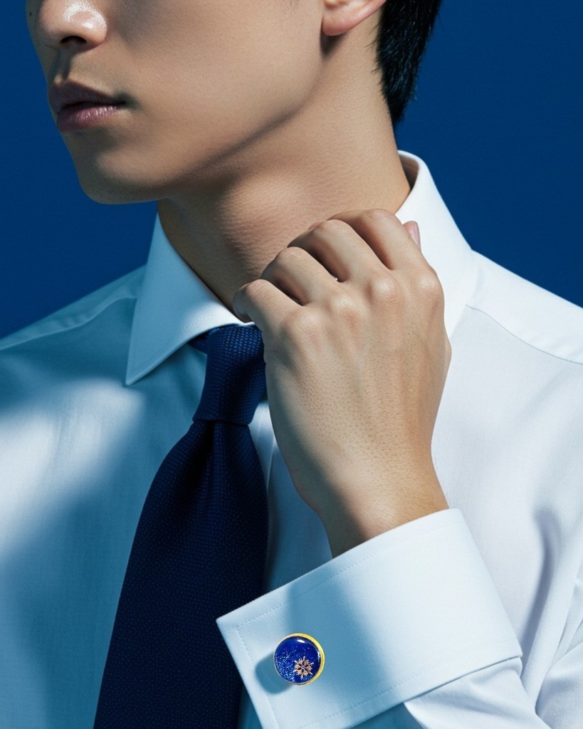 深夜の雪のカフスボタン ロイヤルブルー×ブルーラメ ゴールド金具