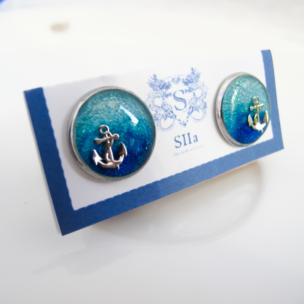 水色マリンのカフスボタン スカイブルー×オーシャンブルー シルバー金具