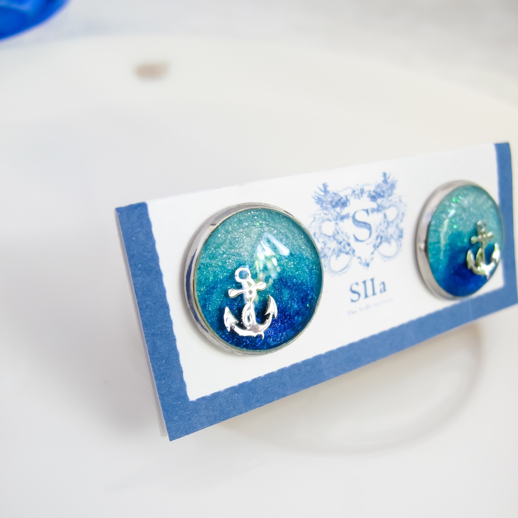 水色マリンのカフスボタン スカイブルー×オーシャンブルー シルバー金具