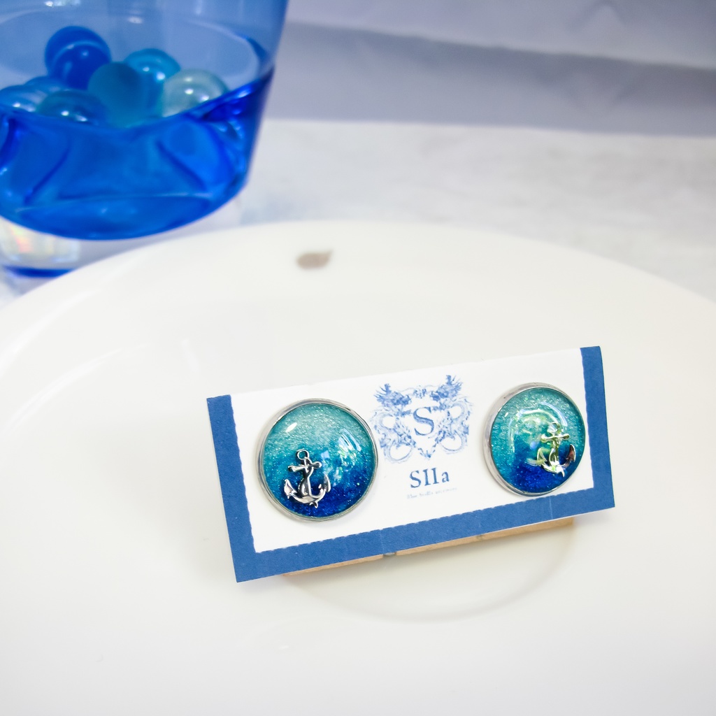 水色マリンのカフスボタン スカイブルー×オーシャンブルー シルバー金具