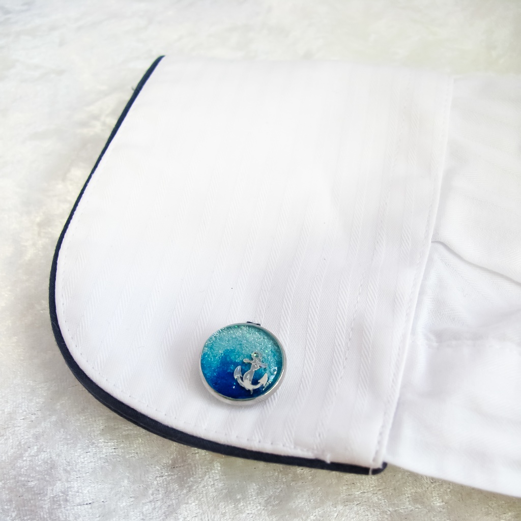 水色マリンのカフスボタン スカイブルー×オーシャンブルー シルバー金具