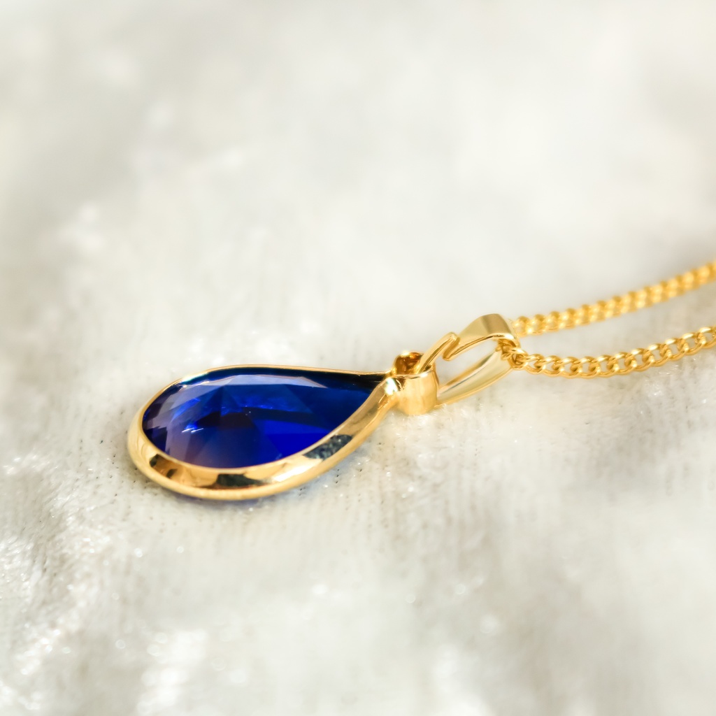 秋冬カラー Teardropクリスタルガラスのネックレス ブルー×ブラウン ゴールド金具