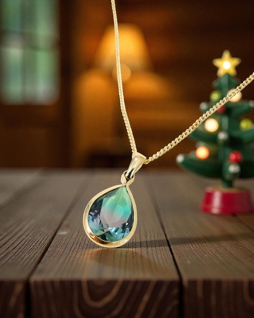 【秋冬カラー】 クリスタルガラスのしずく型グラデーションネックレス グリーン×ブラウン ゴールド金具