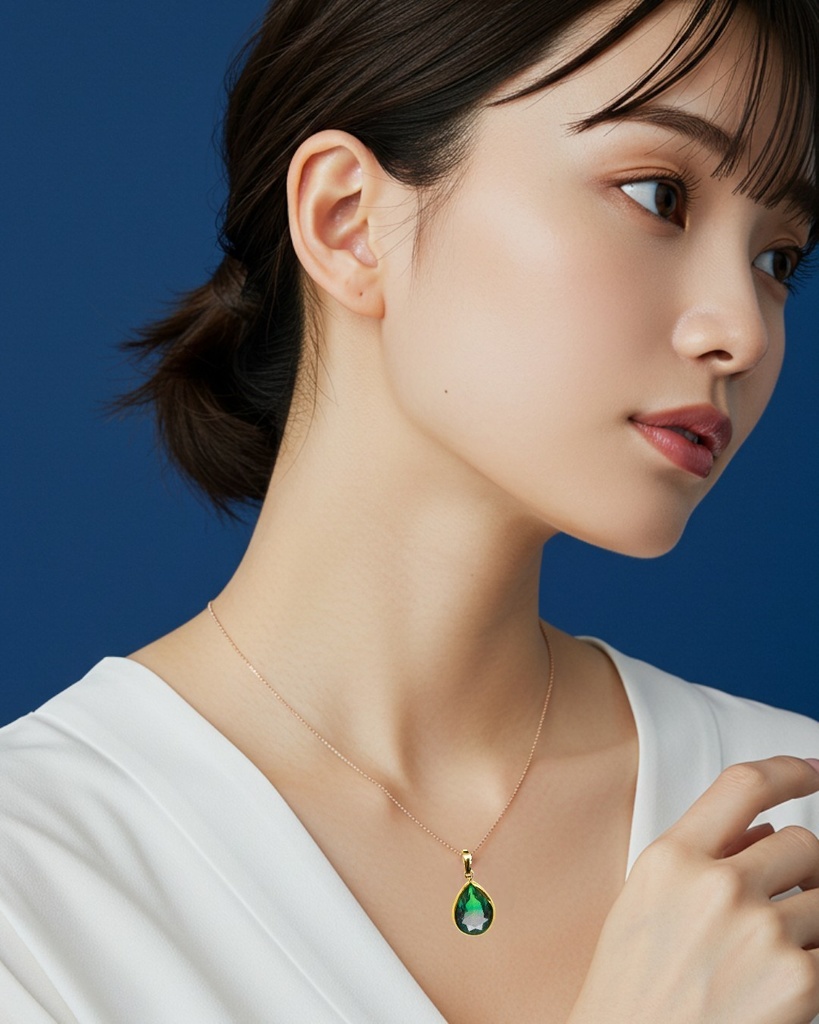 【秋冬カラー】 クリスタルガラスのしずく型グラデーションネックレス グリーン×ブラウン ゴールド金具