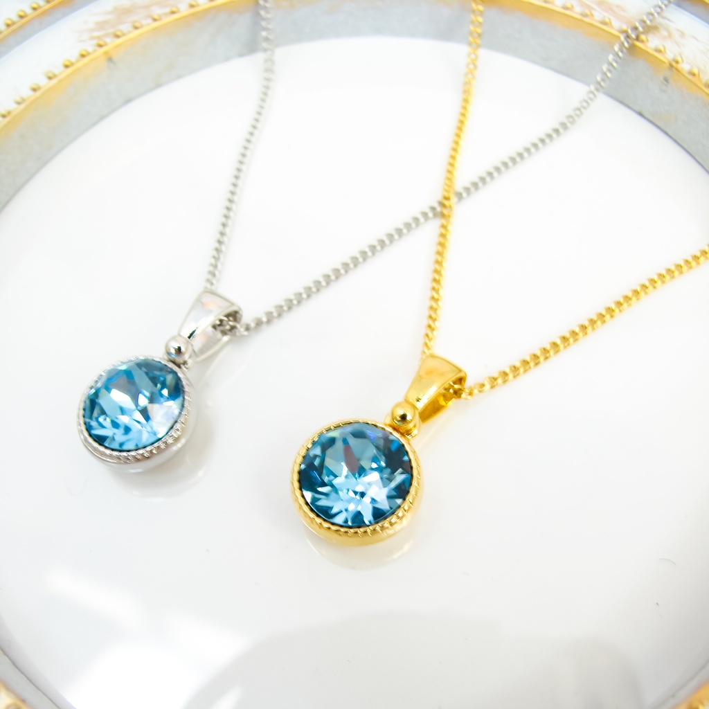 シンプルなまるいクリスタルガラスのネックレス ~アクアマリン~*金具の色が選べます