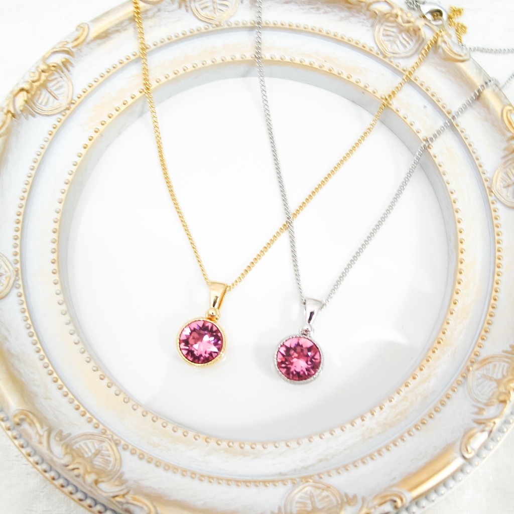 *シンプルなまるいクリスタルガラスのネックレス ローズ* 金具の色が選べます