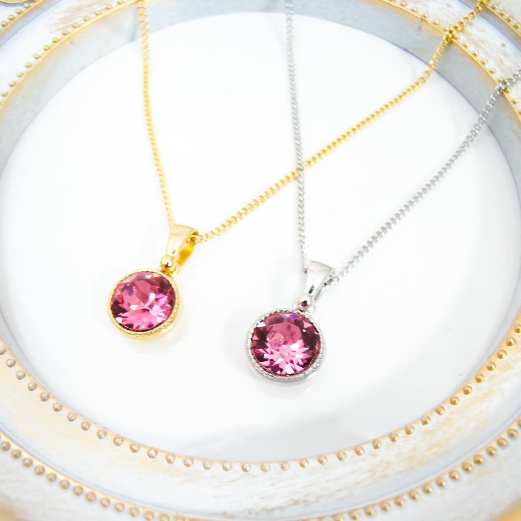 *シンプルなまるいクリスタルガラスのネックレス ローズ* 金具の色が選べます