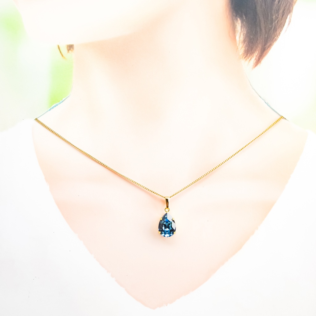 *しずくサイズクリスタルガラスネックレス デニムブルー*金具の色が選べます