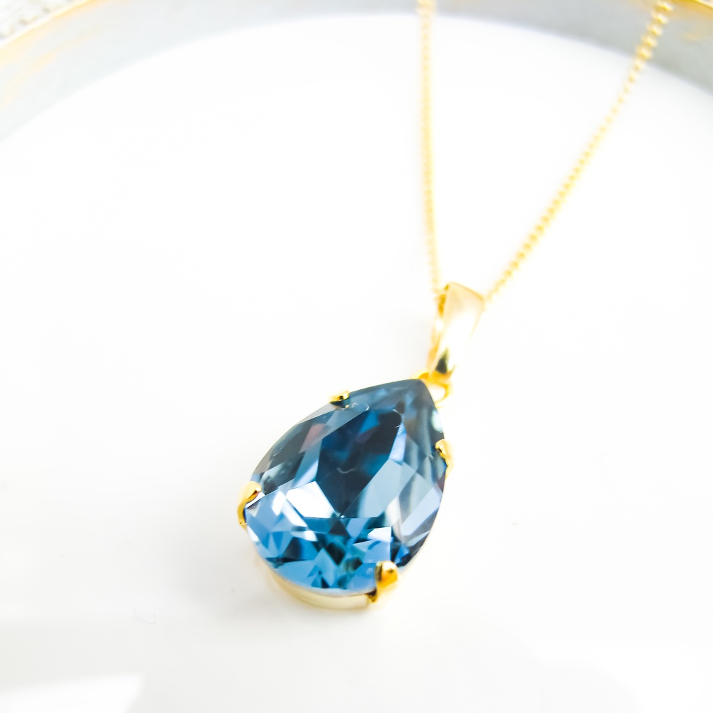 *しずくサイズクリスタルガラスネックレス デニムブルー*金具の色が選べます