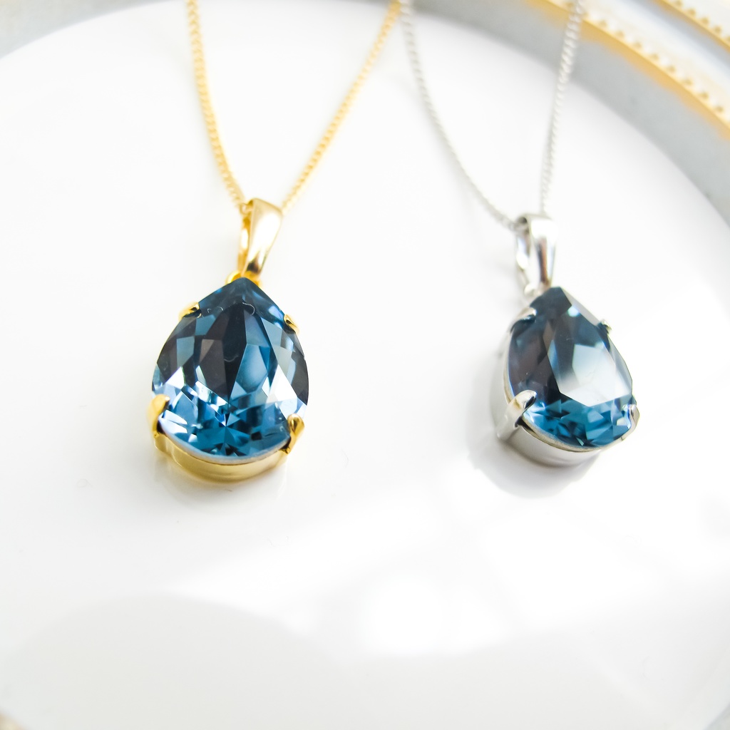 *しずくサイズクリスタルガラスネックレス デニムブルー*金具の色が選べます