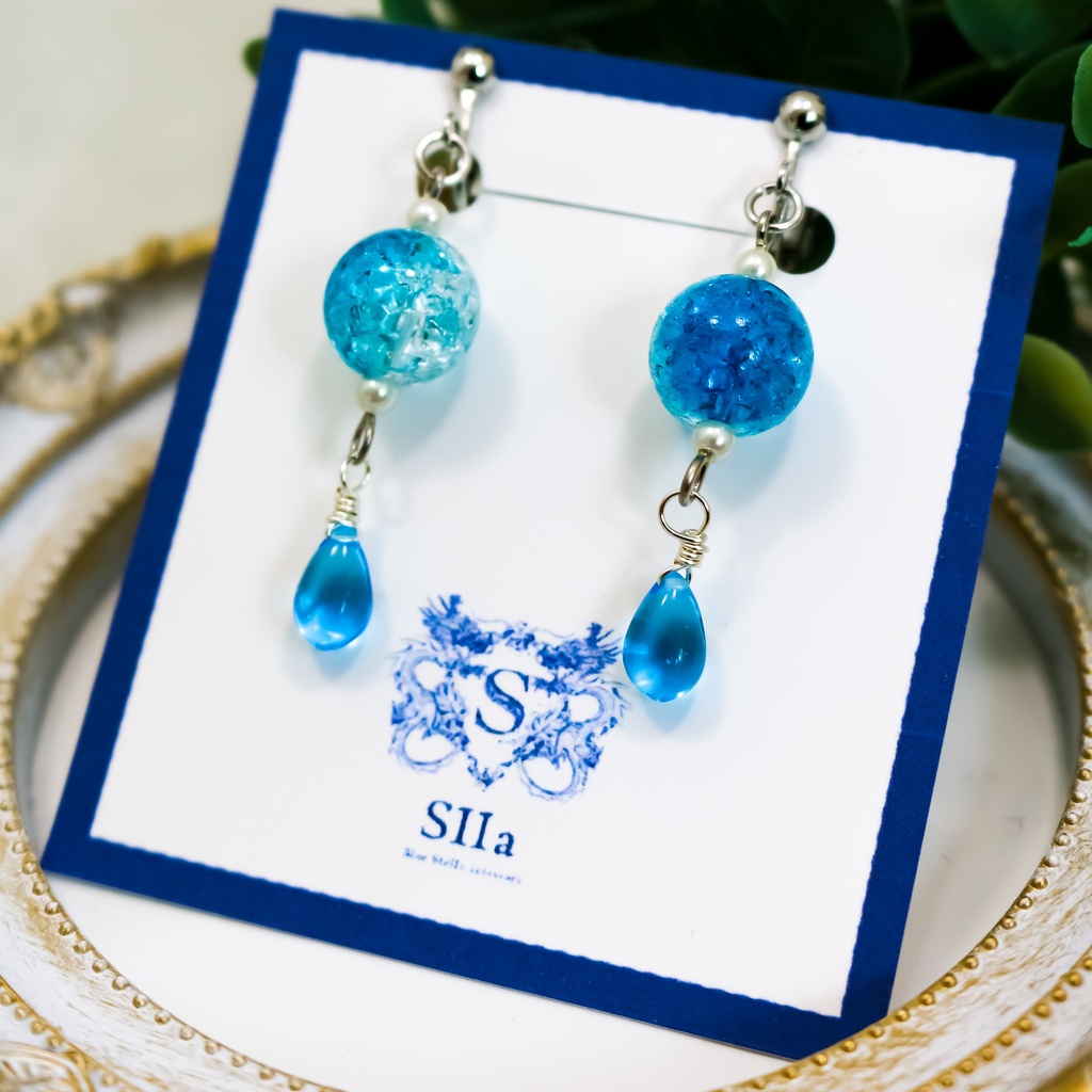 しゅわしゅわブルードロップピアス イヤリング変更可能 シルバー金具