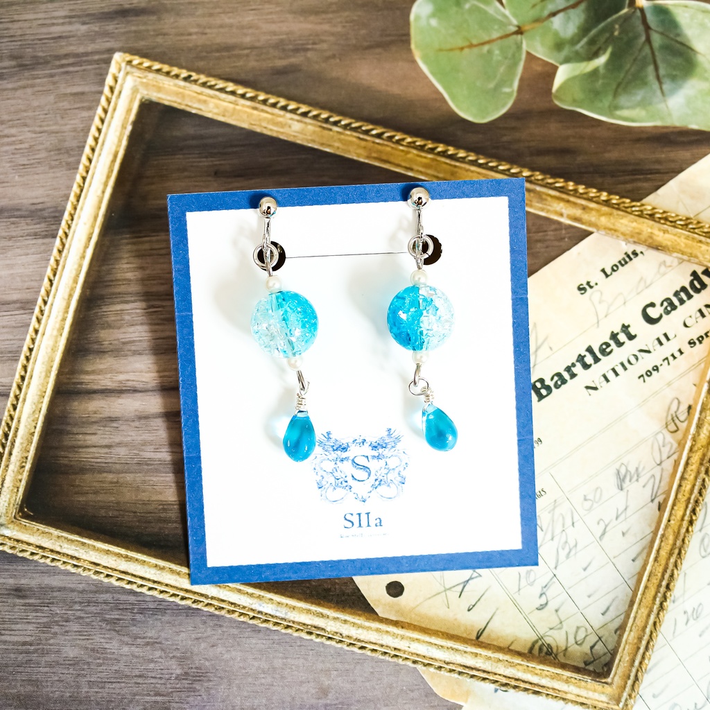 しゅわしゅわブルードロップピアス イヤリング変更可能 シルバー金具