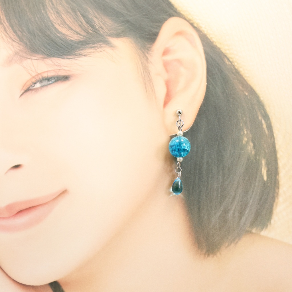 しゅわしゅわブルードロップピアス イヤリング変更可能 シルバー金具