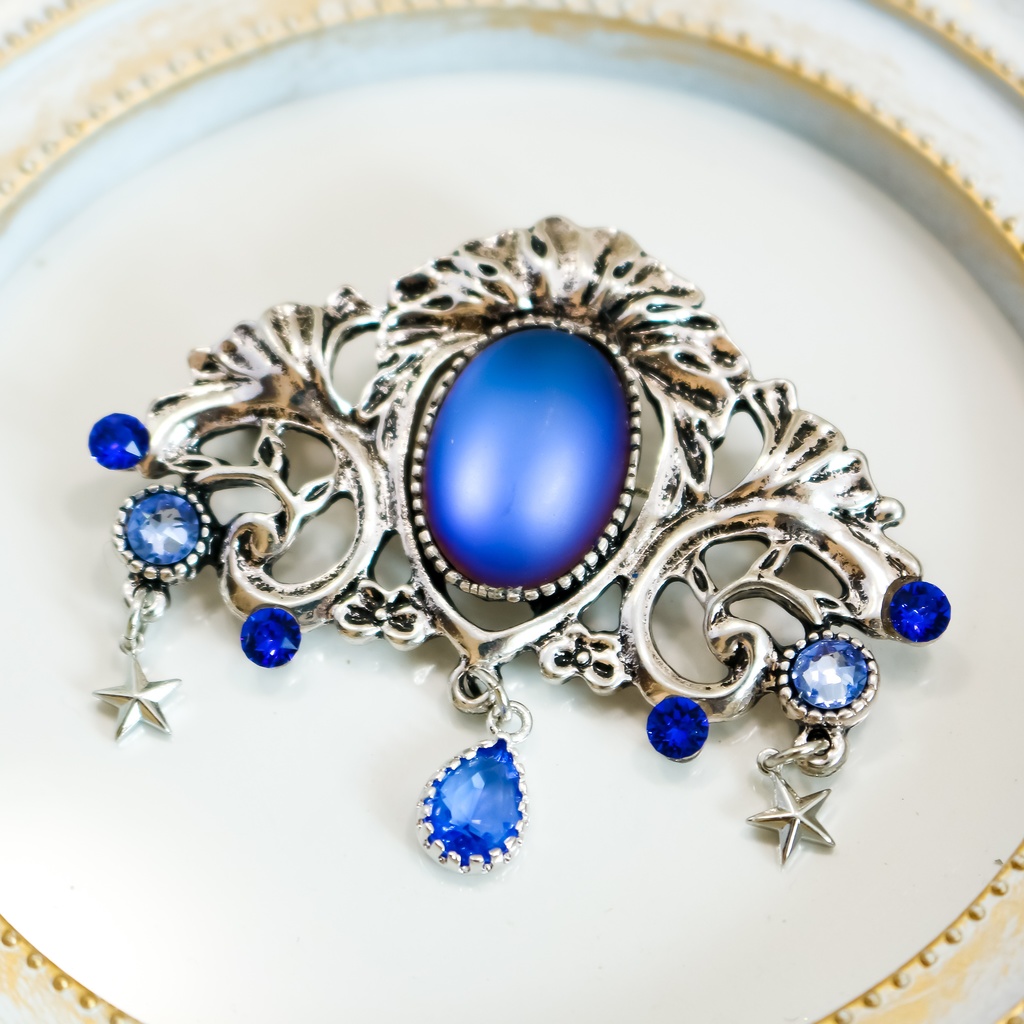 チェコヴィンテージ フロストガラスのアンティークブローチ マットヘリオブルー シルバー金具 S11a Booth