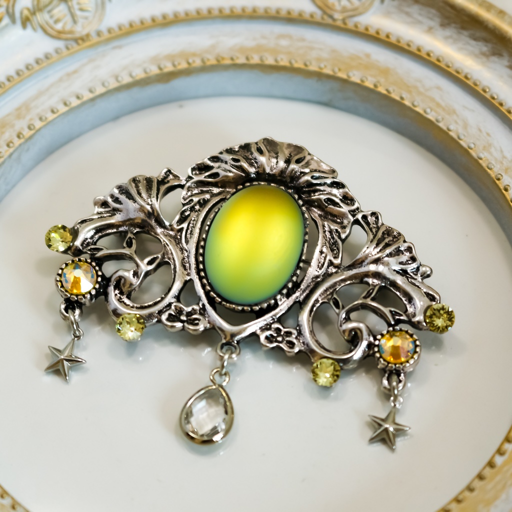 チェコヴィンテージ フロストガラスのアンティークブローチ ヴィトレイル ミディアムカラー シルバー金具 S11a Booth