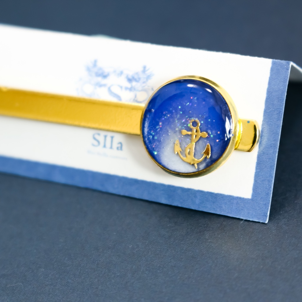 爽やかマリンのネクタイピン ブルー×ホワイトパール ゴールド金具