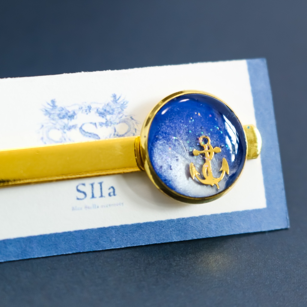 爽やかマリンのネクタイピン ブルー×ホワイトパール ゴールド金具