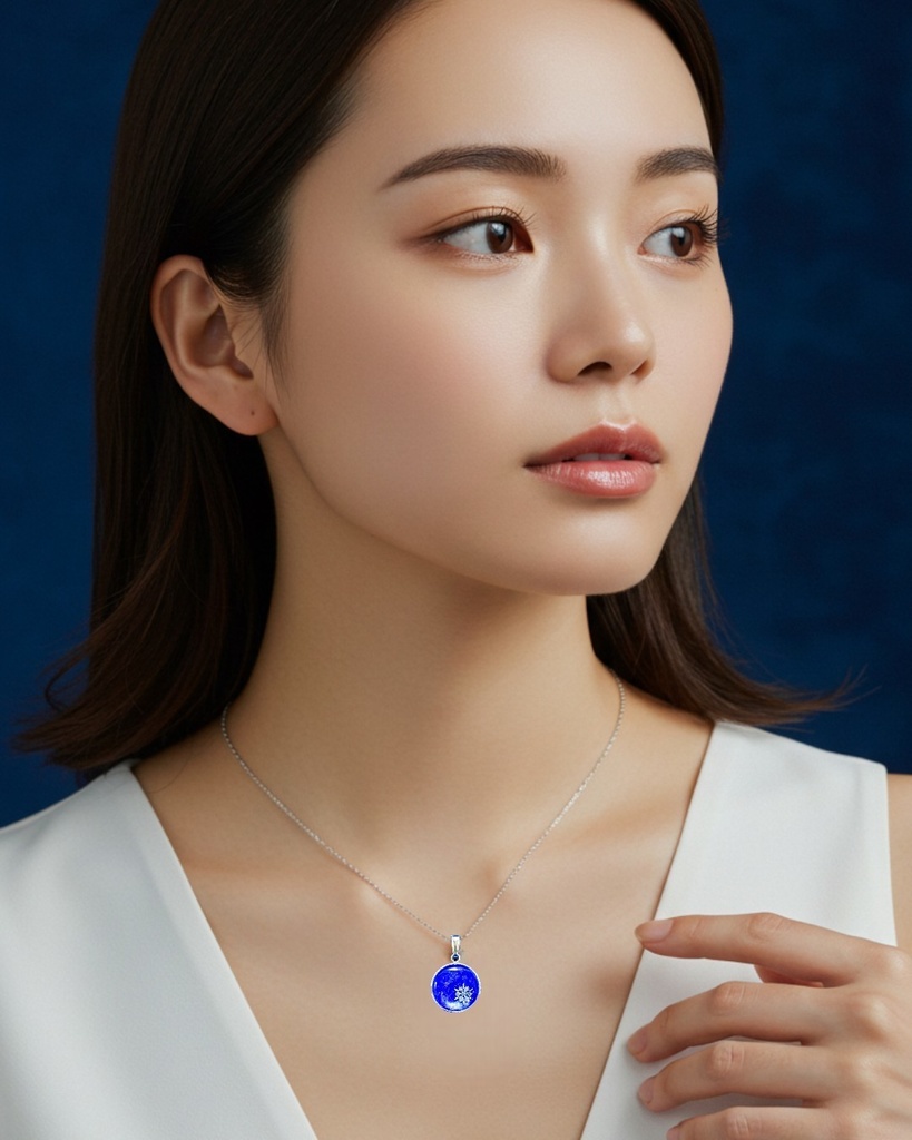 【星霜のしずく】 雪の結晶ネックレス ウルトラマリン×スカイブルーオーロラ 金具の色が選べます