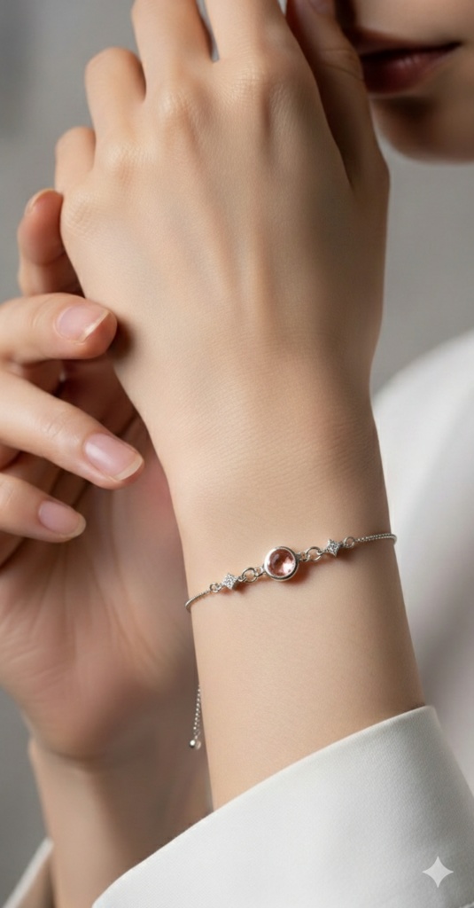 【春アクセ】桜色のクリスタルガラスのブレスレット シルバー金具