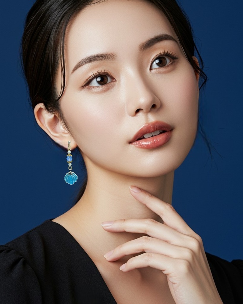 【潮騒の記憶】ターコイズの貝殻とチェコガラスのピアス ゴールド金具 イヤリング変更可能