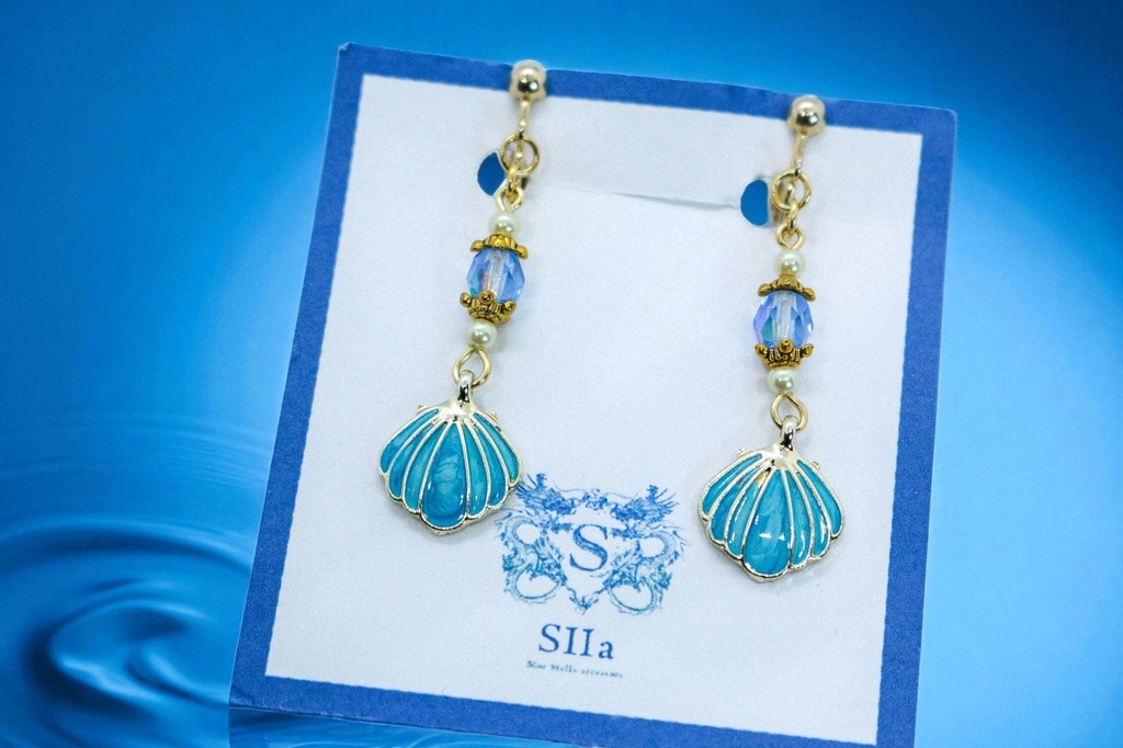 【潮騒の記憶】ターコイズの貝殻とチェコガラスのピアス ゴールド金具 イヤリング変更可能