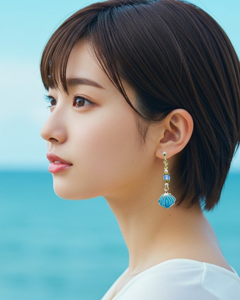 【潮騒の記憶】ターコイズの貝殻とチェコガラスのピアス ゴールド金具 イヤリング変更可能