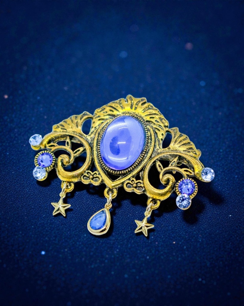 チェコヴィンテージガラスのブローチ　サファイアブルー　ゴールド金具