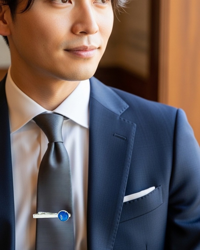 【男性シャツ用】海で遊ぶタツノオトシゴのネクタイピン シアンブルー シルバー金具