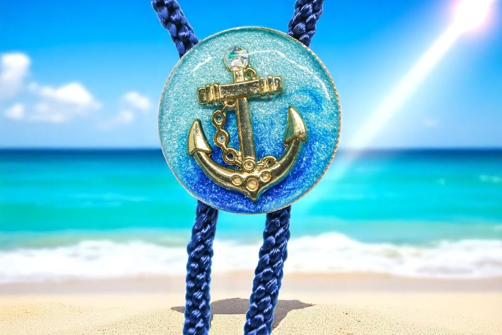 アンカーのループタイ　スカイブルー×オーシャンブルー　ゴールド金具