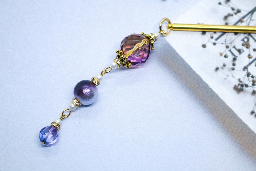 透き通るチェコガラスのかんざし ビオラ(オレンジ×パープル)金具の色が選べます