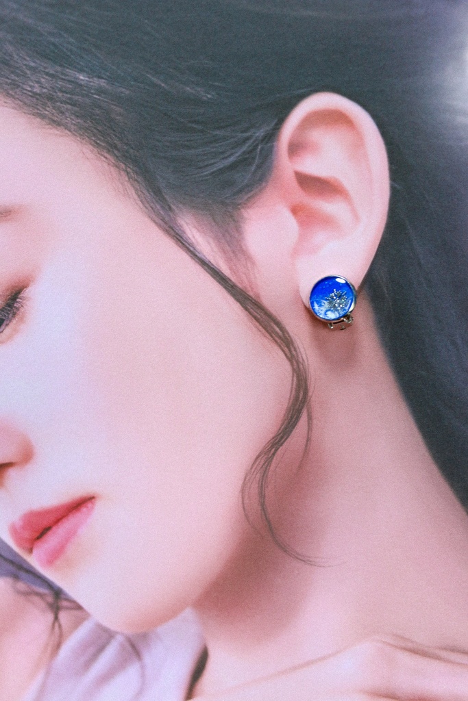 ちいさなまるいイヤリング 青い雪 ブルー×ホワイトパール 蝶バネ式 金具の色が選べます