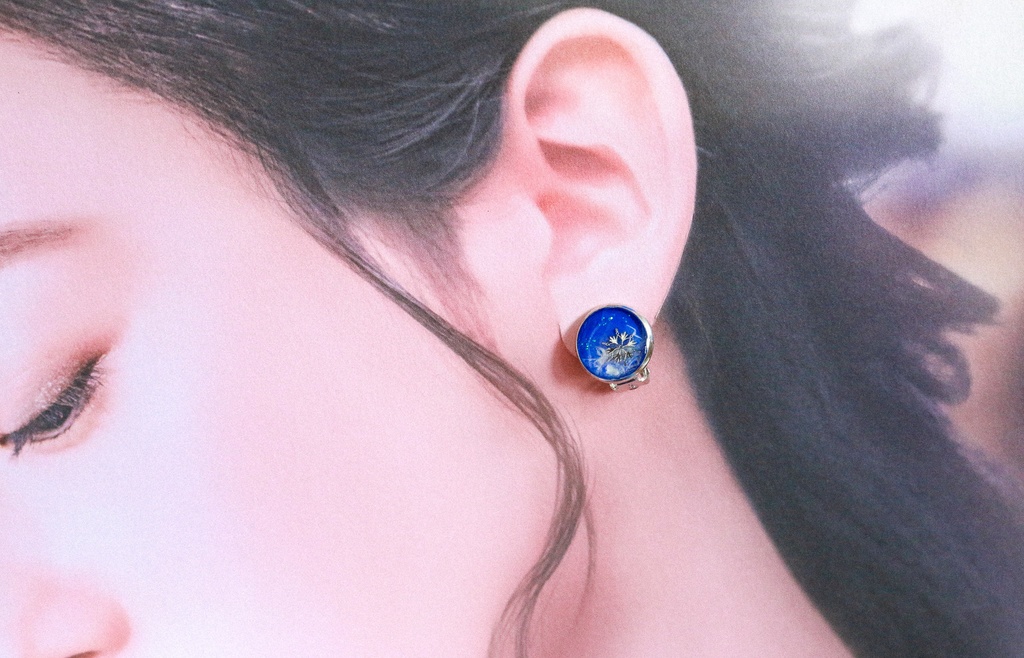 ちいさなまるいイヤリング 青い雪 ブルー×ホワイトパール 蝶バネ式 金具の色が選べます