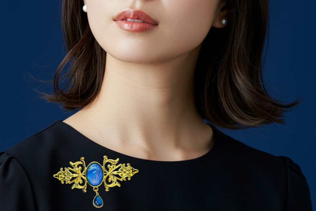 【空のしずく ― シアンブルーの幻想】チェコガラスのアンティークブローチ オーロラ×シアン ゴールド金具