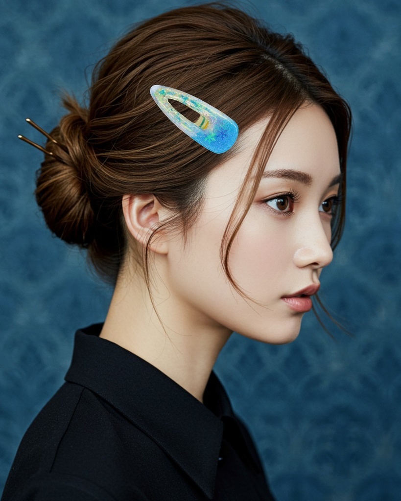 【雪空のしずく — アクアブルーの雪の結晶クリップ】 アクアブルー×クリア ゴールド金具