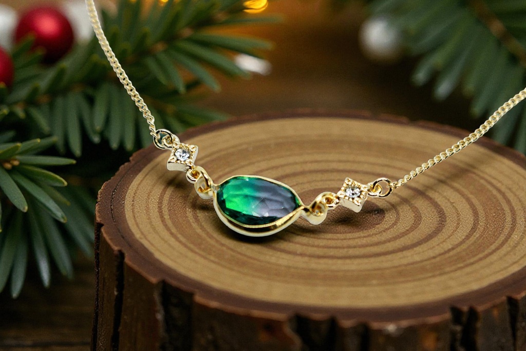 グラデーションクリスタルガラスのブレスレット　グリーン×ブラウン　変形カットゴールド金具