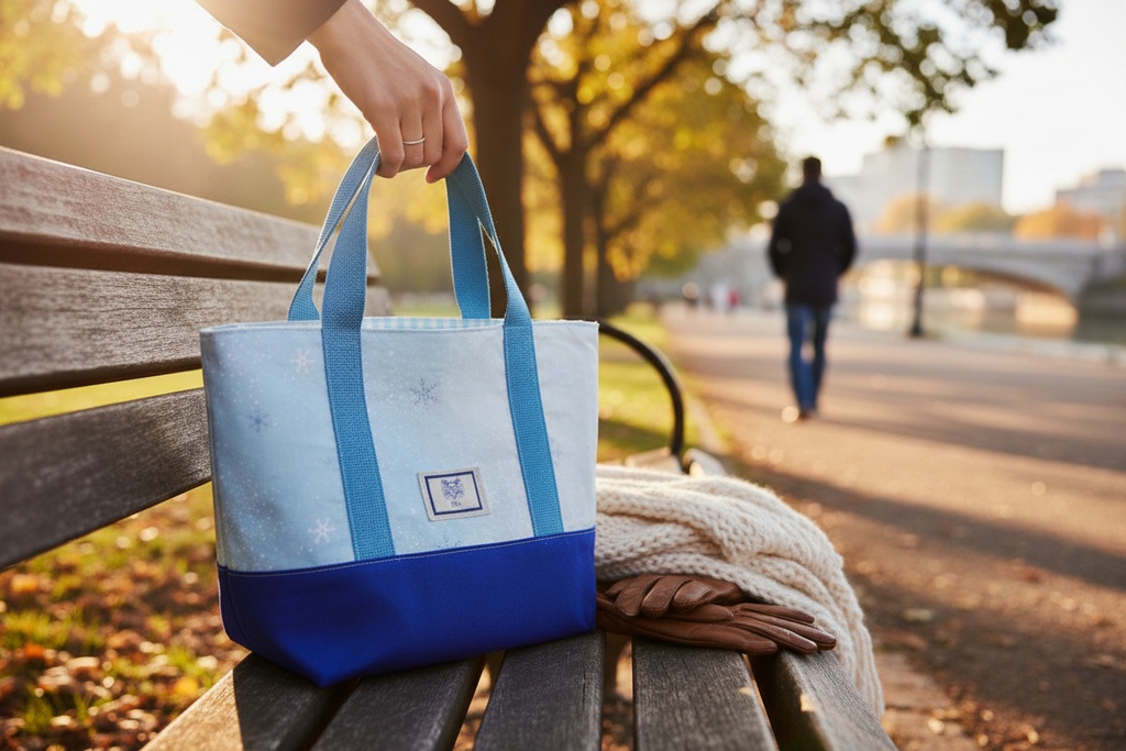 「スカイブルーの雪の結晶ミニトート｜ふんわりグラデーション」スカイブルー×ホワイト