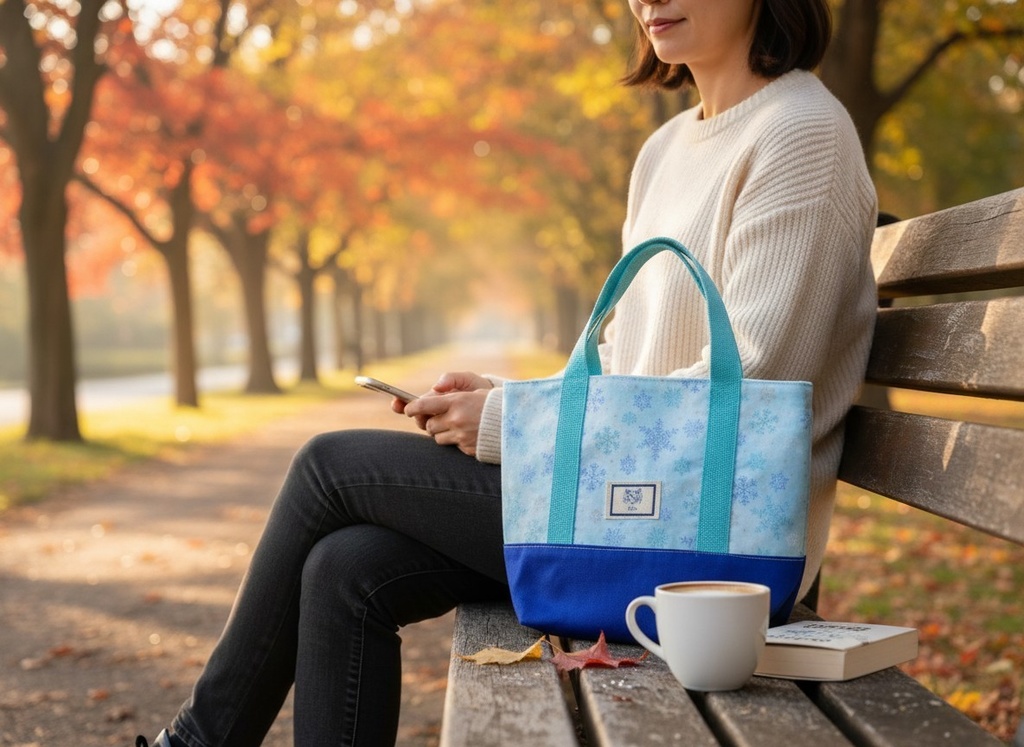 「スカイブルーの雪の結晶ミニトート|ふんわりグラデーション」スカイブルー×ホワイト