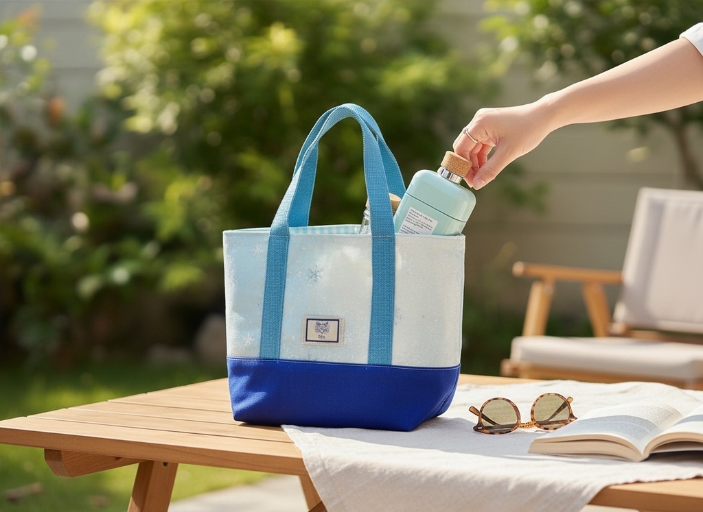 「スカイブルーの雪の結晶ミニトート|ふんわりグラデーション」スカイブルー×ホワイト