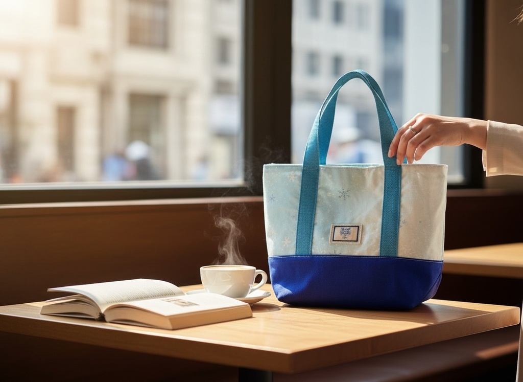 「スカイブルーの雪の結晶ミニトート|ふんわりグラデーション」スカイブルー×ホワイト