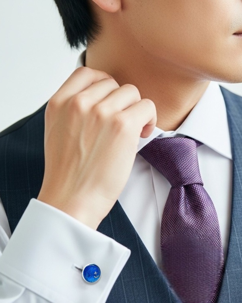 砂浜のきらめきを宿す、夏のシルバーカフスシアンブルー シルバー金具