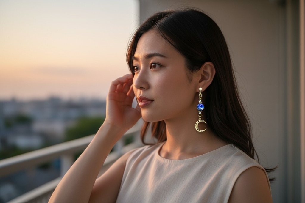 「夜空に溶けるブルーと、心に灯る星」アシンメトリーイヤリング ゴールド金具 ピアス変更可能