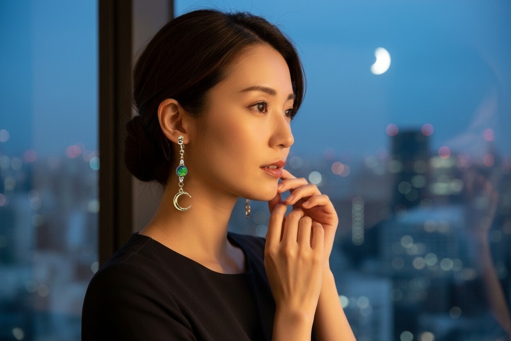 「紫陽花の夜、そっと導く星」月と星のアシンメトリーイヤリング ゴールド金具 ピアス変更可能