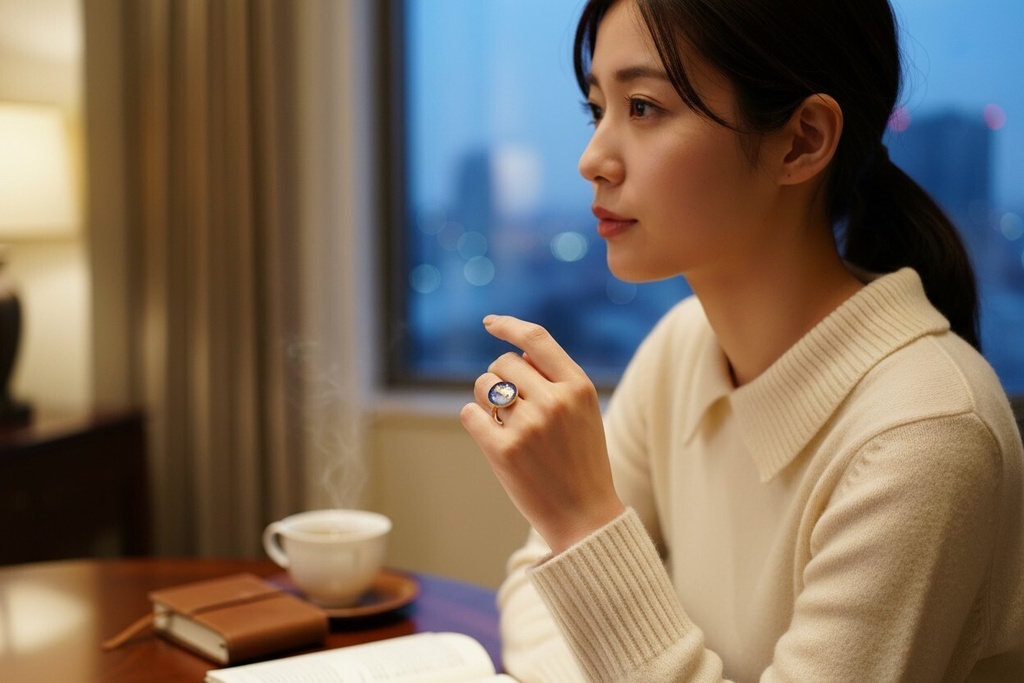 「青空を見上げるネコ」リング ブルー×ブルーホワイト ゴールド金具