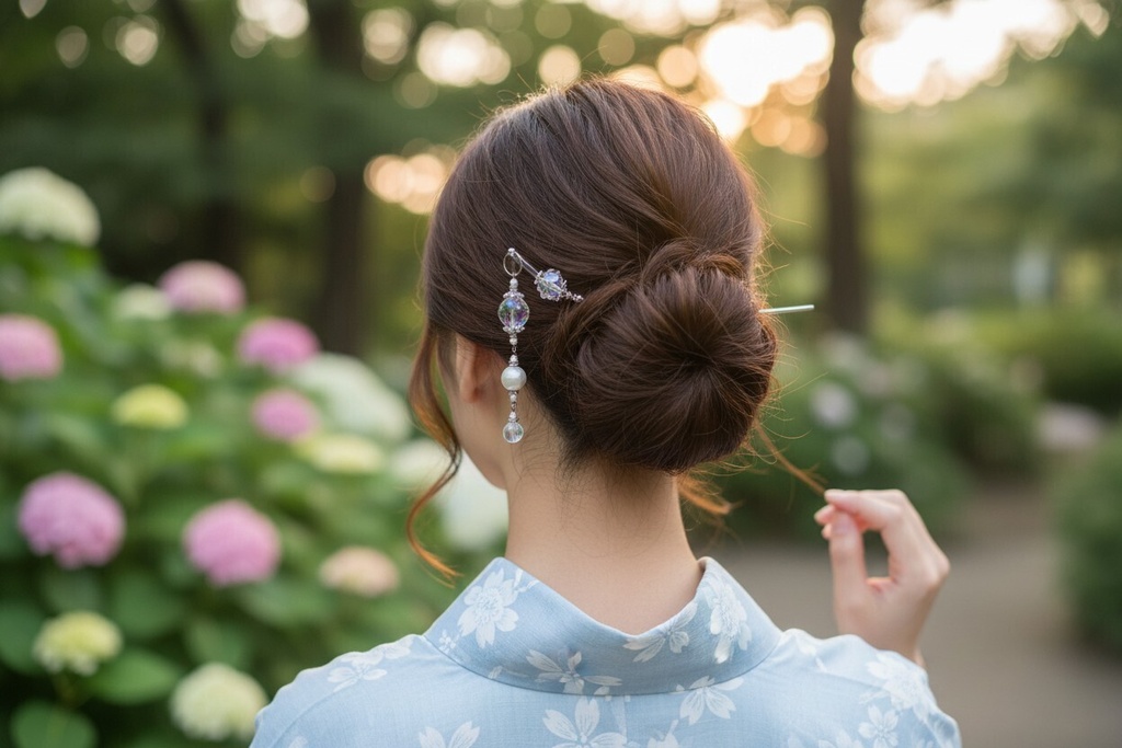 「光彩のかんざし」チェコガラスのかんざし オーロラ×ホワイト *金具の色が選べます
