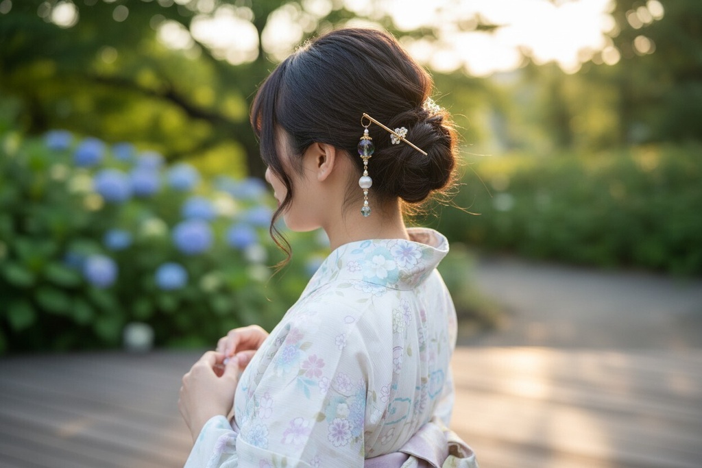 「コリウスの息吹 ― 紫と緑の調べ」チェコガラスのかんざし パープル×グリーン *金具の色が選べます