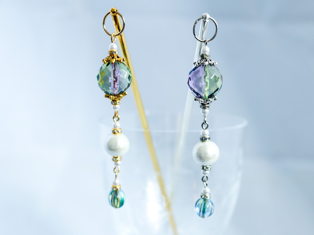 「コリウスの息吹 ― 紫と緑の調べ」チェコガラスのかんざし パープル×グリーン *金具の色が選べます